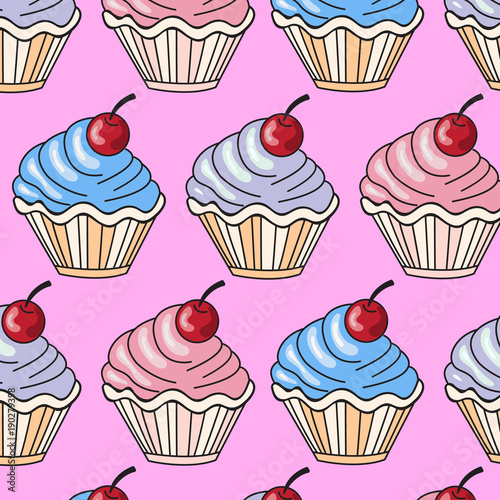 Pattern with colorful mafins on a pink background