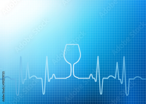 Abstract blue illustration heartbeat /ekg background with wine glass icon 