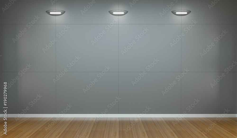 Empty wall in museum with lights 3D rendering Empty wall in museum with lights 3D rendering