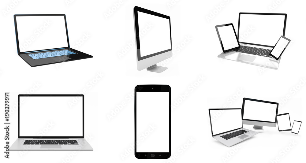 Modern digital silver tech device pack 3D rendering Modern digital silver tech device pack 3D rendering