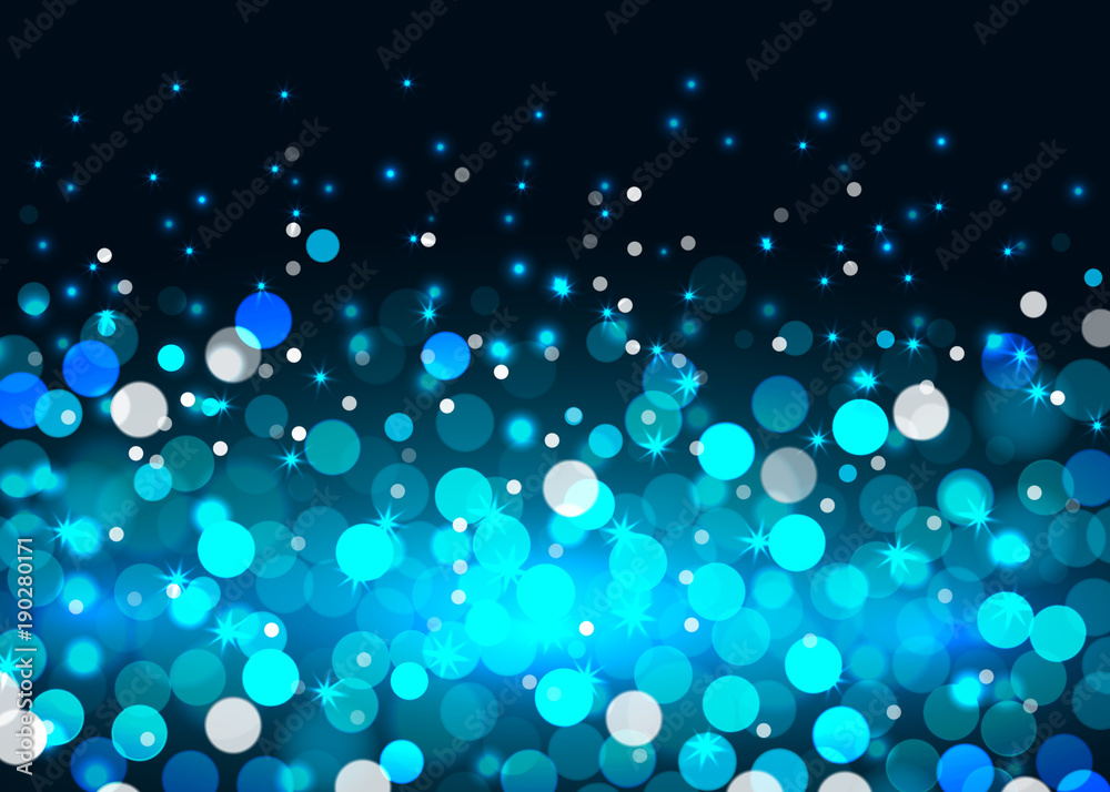 Abstract bokeh lights in blue colors on the black background, vector illustration
