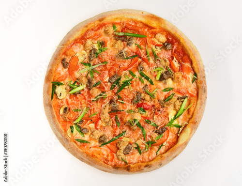 Italian cuisine and food delivery concept. Spicy pizza