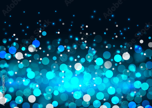 Abstract bokeh lights in blue colors on the black background, vector illustration