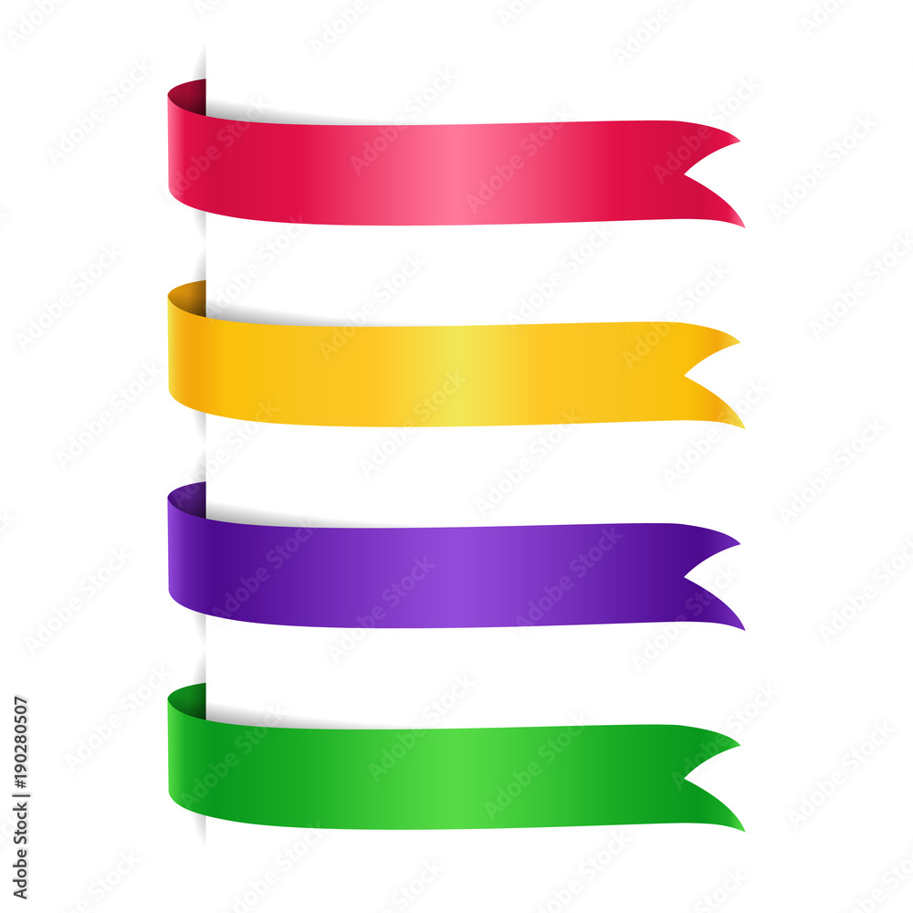 Set of colored arrow ribbons. Red, yellow and purple, green banners, flags, vector illustration