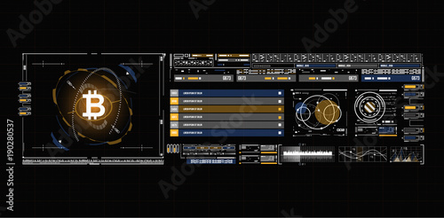 Bitcoin technology abstract visualization. Futuristic aesthetic design. Bitcoin background with HUD elements. Futuristic user interface ellements for web an app.