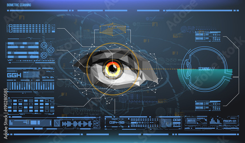 eye in process of scanning. Biometric scan with futuristic HUD interface. Control and security in the accesses. Surveillance system, immersive technology