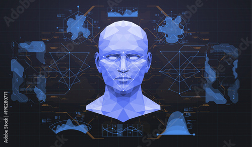 Concept of face scanning. Accurate facial recognition biometric technology and artificial intelligence concept. Face detection HUD interface.