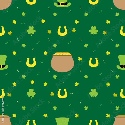Vector seamless background for St. Patrick's Day. Cauldron, coins, hat, clover.