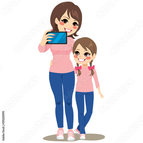 Beautiful mother and daughter happy making selfie together with same pink shirt and blue jeans outfit