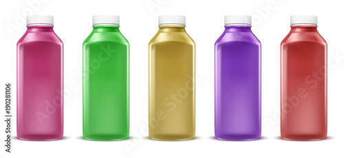 Vector colorful bottles for juice, paint, cosmetics. Plastic container concept, glass jar for liquid products. Packaging illustration for advertisement, presentation, promotion, internet, networking.