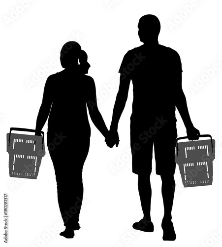 Couple holding hand and walking in shopping market vector silhouette illustration. People with consumer basket buy food and another goods. Happy family grocery shopping in supermarket. Man and woman. 