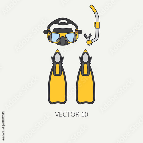Line flat color vector diver underwater equipment icon diver mask, snorkel, flippers. Retro style. Ocean deep, sea beach. Summer adventure. Scuba. Illustration, element for your design and wallpaper.