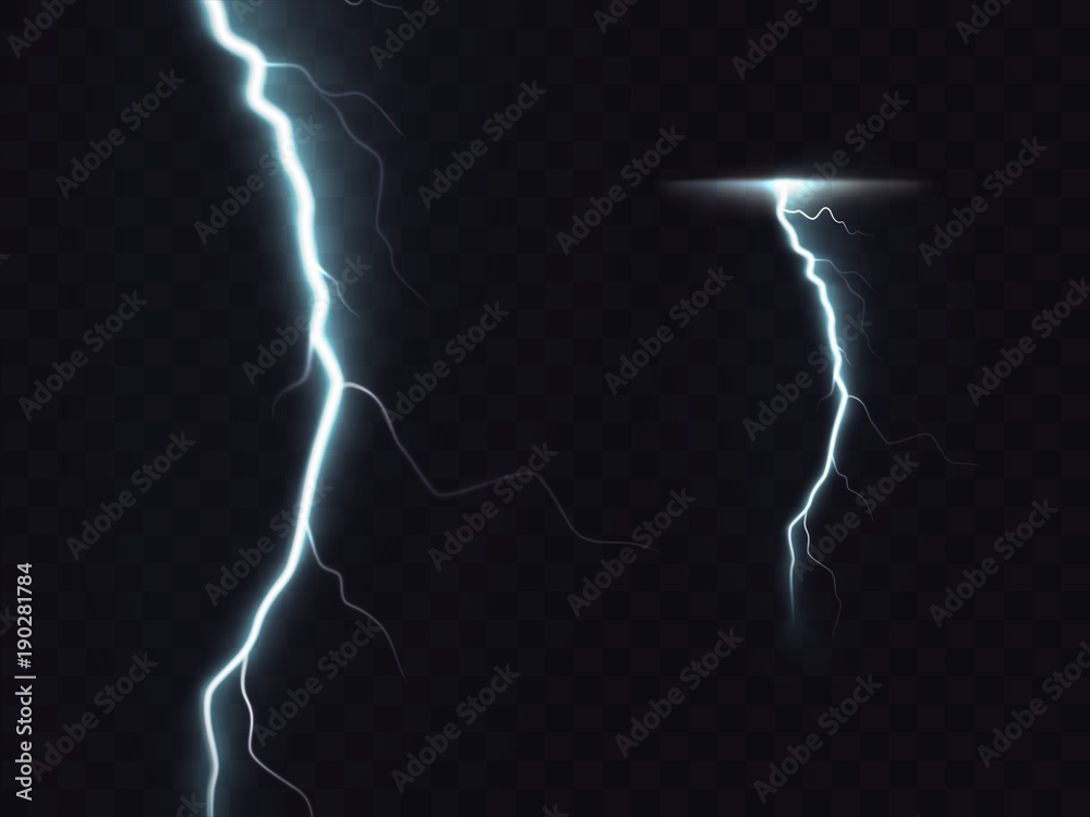 Vector illustration of 3d realistic lightning or thunderbolt isolated on night translucent background. Bright flash of light, high voltage strike, electric discharges, a dangerous natural phenomenon Vector illustration of 3d realistic lightning or thunderbolt isolated on night translucent background. Bright flash of light, high voltage strike, electric discharges, a dangerous natural phenomenon