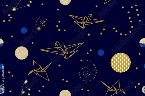 Fantasy origami flying in the dark sky.  