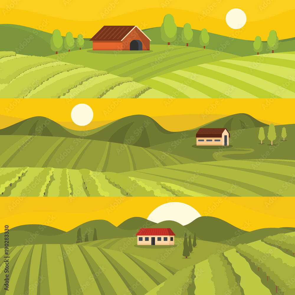 Fototapeta premium Vineyard wine grapes hills banner horizontal concept set. Flat illustration of 3 vineyard wine grapes hills vector banner horizontal concepts for web