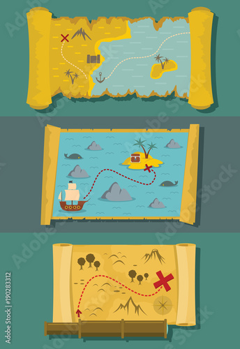 Map of treasure old pirate banner horizontal concept set. Flat illustration of 3 map of treasure old pirate vector banner horizontal concepts for web