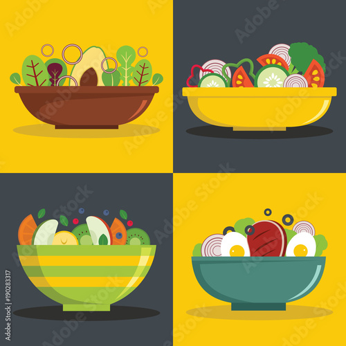 Salad bowl banner horizontal concept set. Flat illustration of 4 salad bowl vector banner horizontal concepts for web