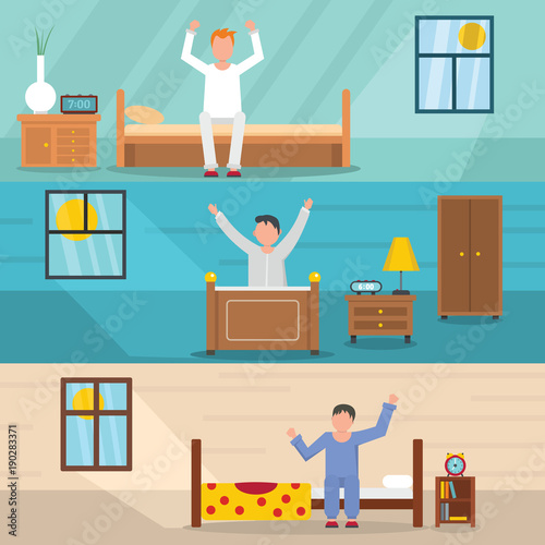 Wake up happy sleep banner horizontal concept set. Flat illustration of 3 wake up happy sleep vector banner horizontal concepts for web