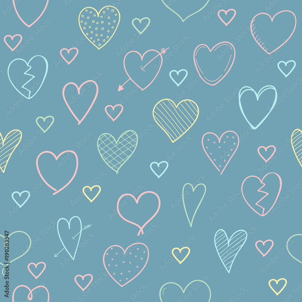 Seamless pattern with hand drawn hearts. Concept of a wrapping paper.  Valentine's Day, Woman's Day and Mother's Day. Vector.