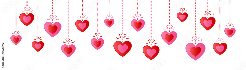 Concept of panoramic banner with hanning paper cut hearts. Valentine's Day, Mother's Day or Women's Day. Vector.