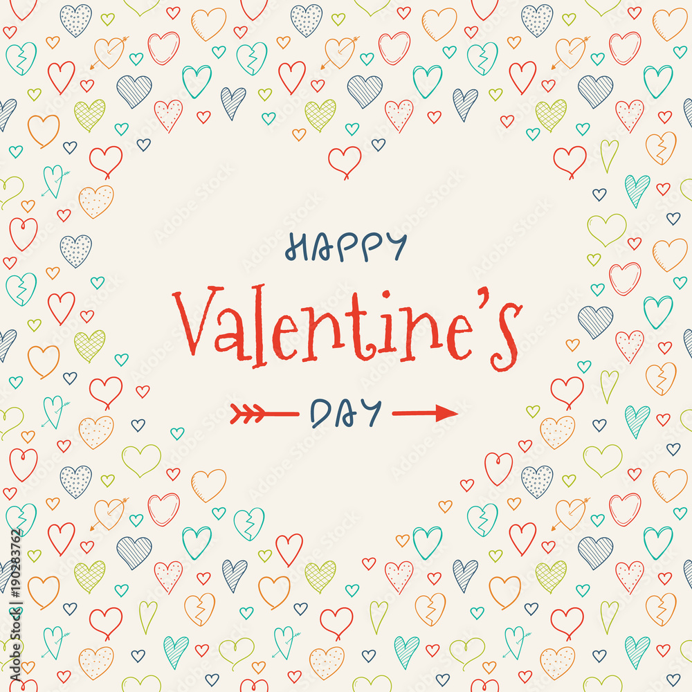 Cute poster with hand drawn hearts for Valentine's Day. Vector.