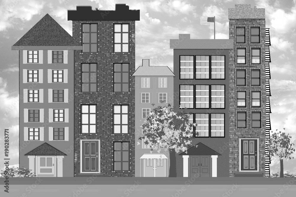 Illustration of a residential city block in black and white