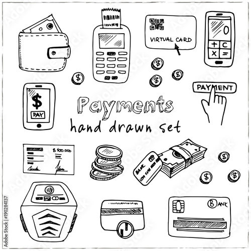 Hand drawn doodle payments set.