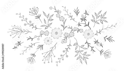 Embroidery white lace floral pattern small branches wild herb with little blue violet field flower. Ornate traditional folk fashion patch design neckline black background vector illustration