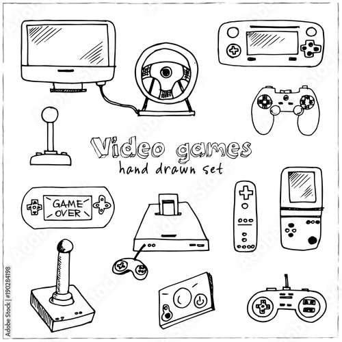 Hand drawn doodle video games set.