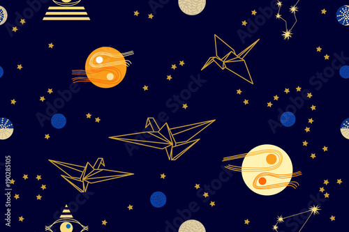 Fantasy origami flying in the dark sky.  