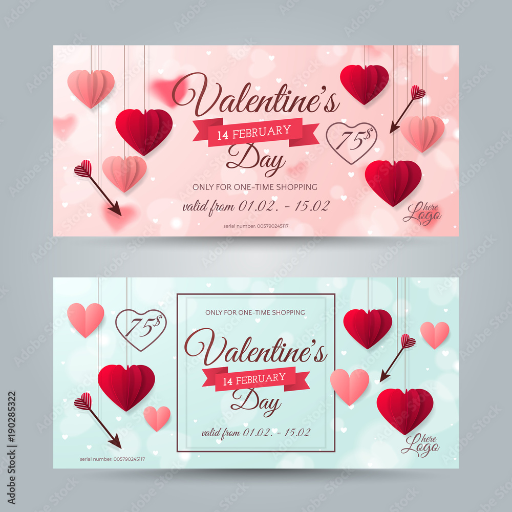 Plakat Set of romantic gift vouchers for Valentine’s Day celebration with red and pink realistic paper hearts, arrows and frame. Vector elegant background for holiday gift card, coupon and certificate.