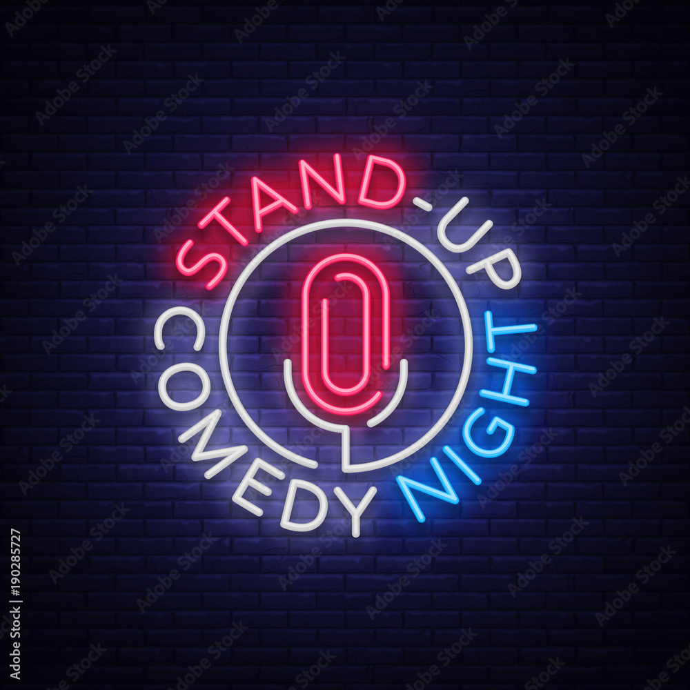 Stand Up Comedy Show is a neon sign. Neon logo, symbol, bright luminous