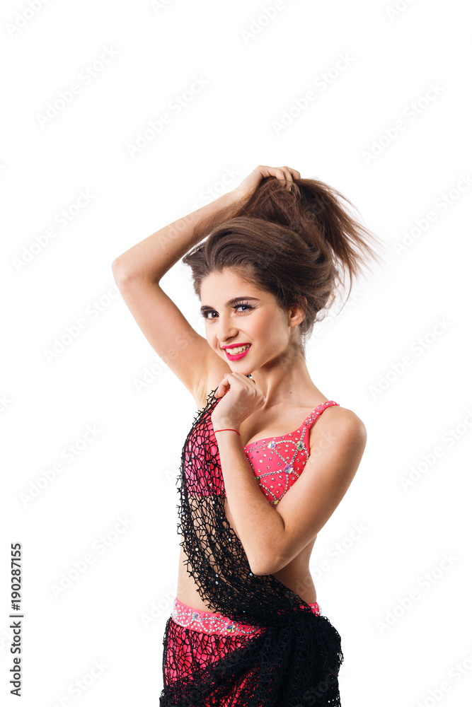 Beautiful girl dancing belly dance in red attire. Beautiful girl dancing belly dance in red attire.
