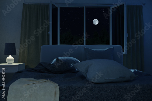 Schlafzimmer mit ungemachten Bett in der Nacht bei Mondscheinlicht photo