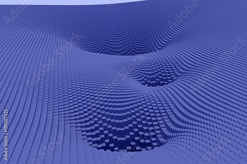 3d-Illustration einer Landschaft von Potentialtrichtern, die aus Hunderten von länglichen Quadern mit quadratischer Grundfläche besteht