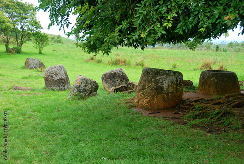 Giant megalithic stone urns at the Plain of Jars archaeological site in Loas. This area is also the world's most heavily bombed place from the Vietnam War