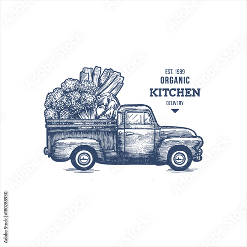Farm fresh delivery design template. Classic vintage pickup truck with vegetables. Vector illustration