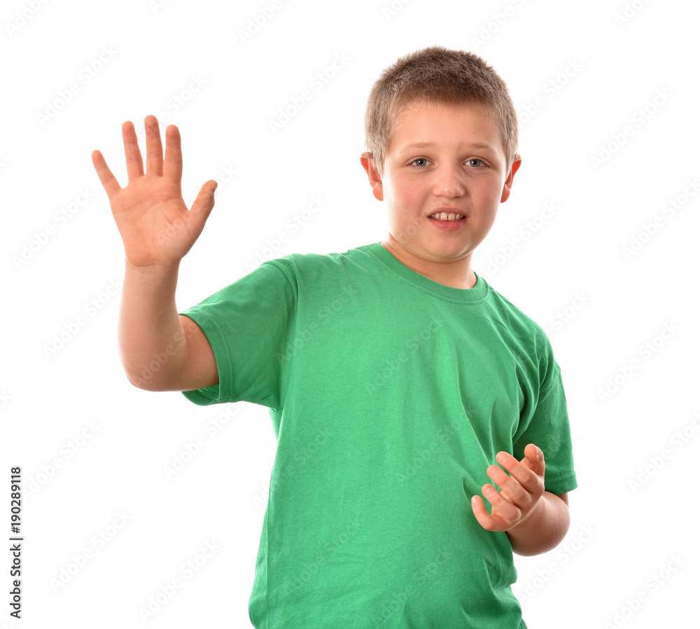 Happy joyful boy on a white background.Hands up Happy joyful boy on a white background.Hands up