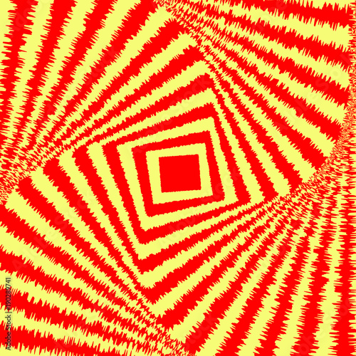 Abstract colorful optical illusion, creative vector background with red and yellow distorted stripes