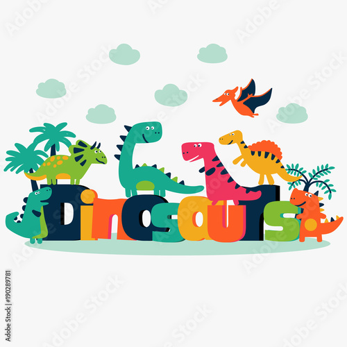 Lovely vector set with funny dinosaurs on white background