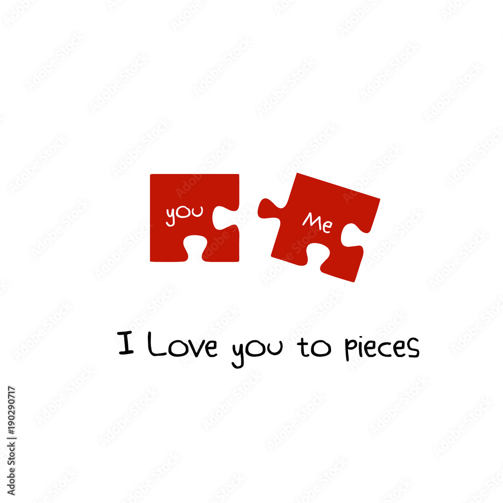I love you to pieces. You and Me Red Puzzle pieces. Valentine's Day. Icon  concept of love. Vector illustration, isolated on a blue background for  your design greeting card. Flat. Design. Stock