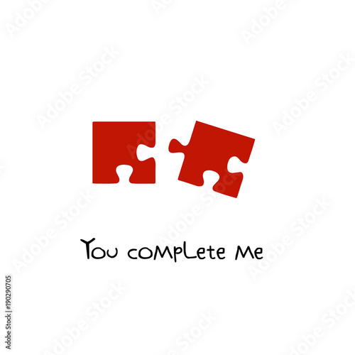 You complete me. Red Puzzle pieces. Valentine's Day. Icon concept of love. Vector illustration, isolated on a blue background for your design greeting card. Flat. Design.