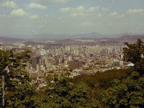 Retro styled view of Seoul from the Namsan Mountain, South Korea.