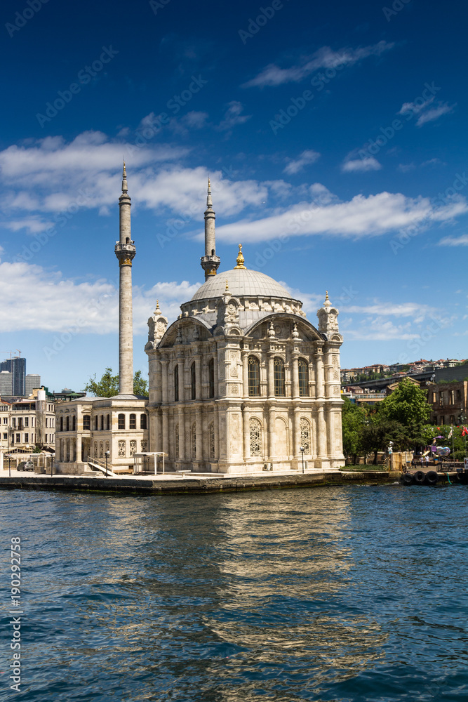 View of the famous Ortakoy mosque (Ortakoy Camii) (and Bosphorus bridge). 
Istanbul. Turkey.