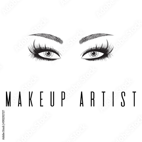 Beauty studio concept. Makeup artist fashion logo design. Lettering illustration. Eyes icon