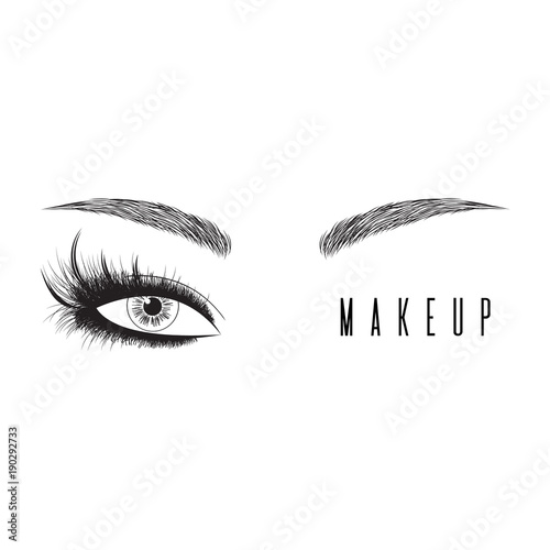 Beauty concept. Black and white Makeup artist fashion logo. Lettering fashion illustration. Makeup master. Female eyes