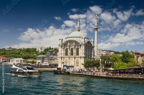 View of the famous Ortakoy mosque (Ortakoy Camii) (and Bosphorus bridge). Istanbul. Turkey.