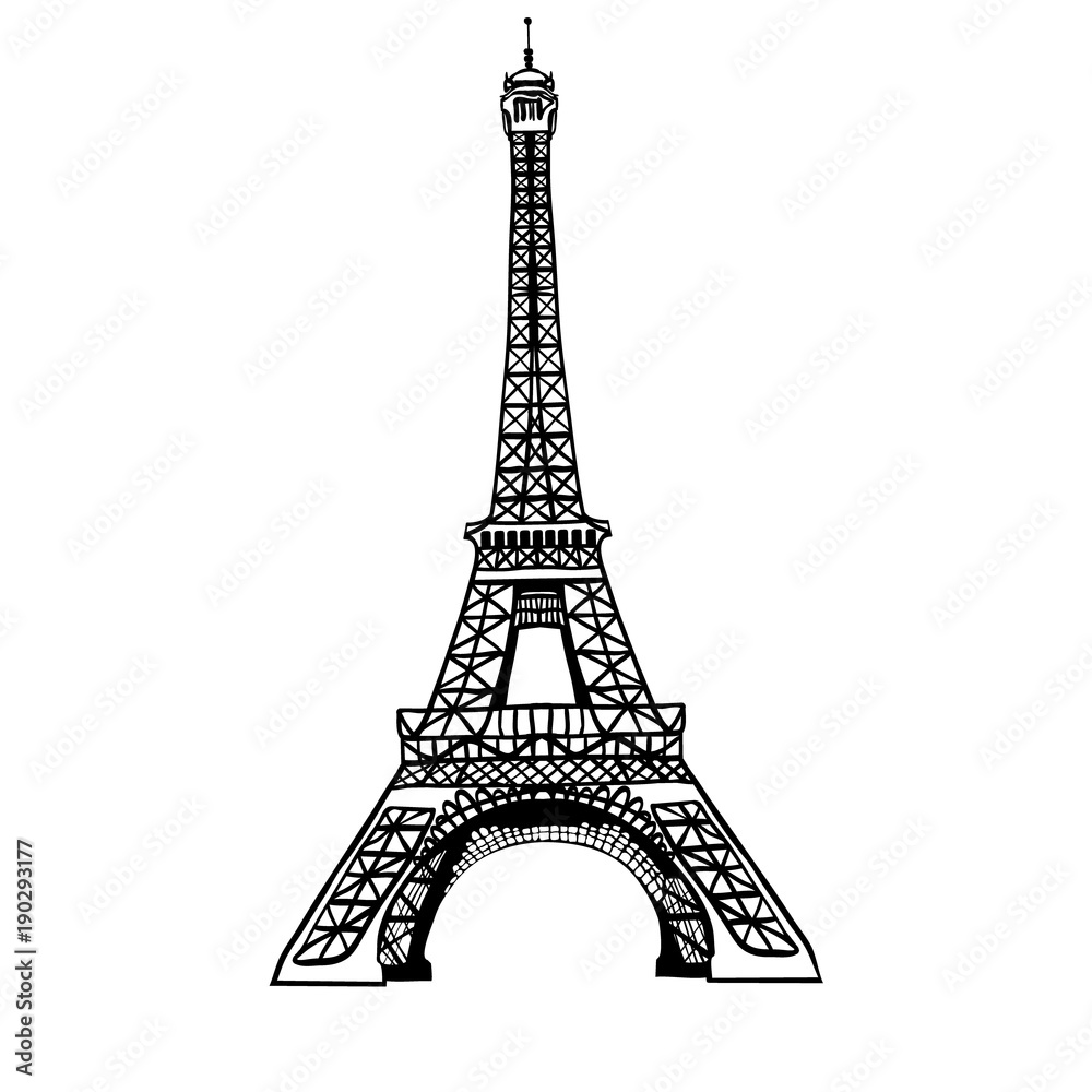 Vector sketch black Eifel Tower hand drawn landmark symbol of Paris, France. Great for french invitations, greeting cards, postcards, gifts.