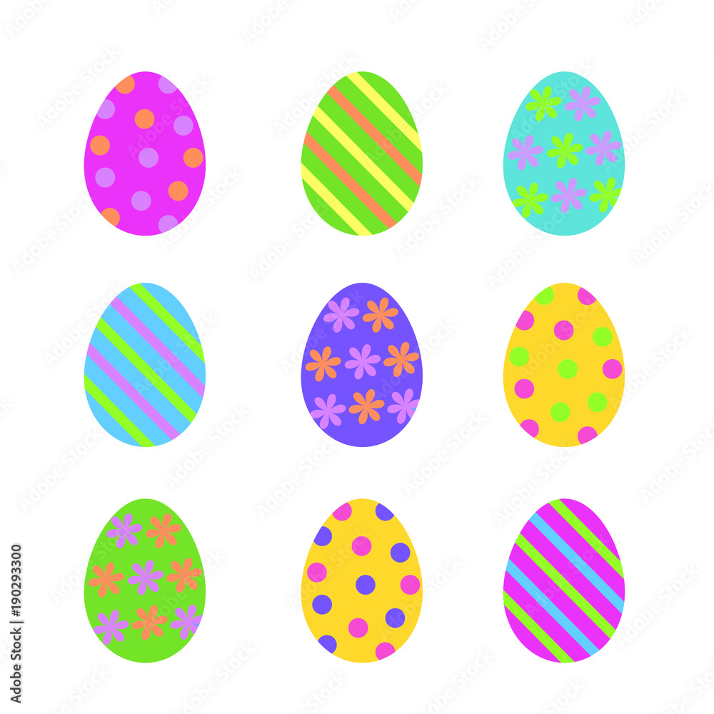 set of cute various colorful painted easter eggs decorated stripes, dots and flowers, flat vector icon