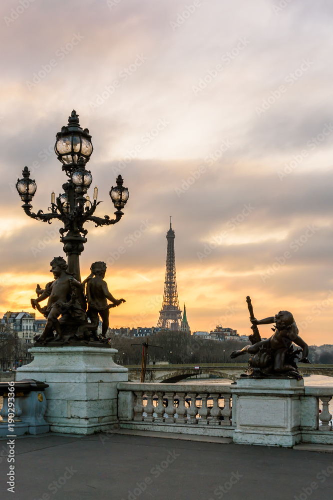 Fototapeta premium View of the Eiffel tower from the Pont Alexandre III at sunset with one of its Art Nouveau street lamp, ornamented with cherubs, in the foreground.
